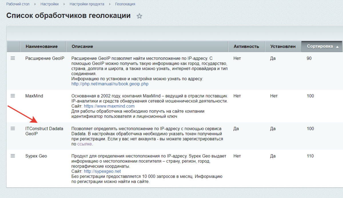 Обработчик геолокации для сервиса dadata.ru